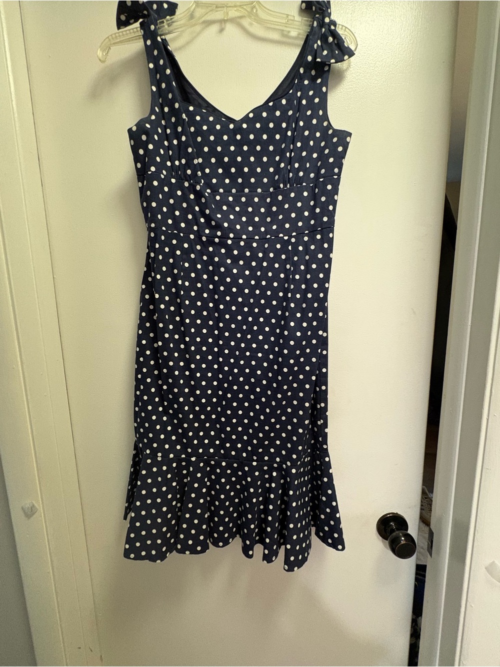 Lindy Bop Navy and White Polka Dot Tie-Shoulder Midi Dress